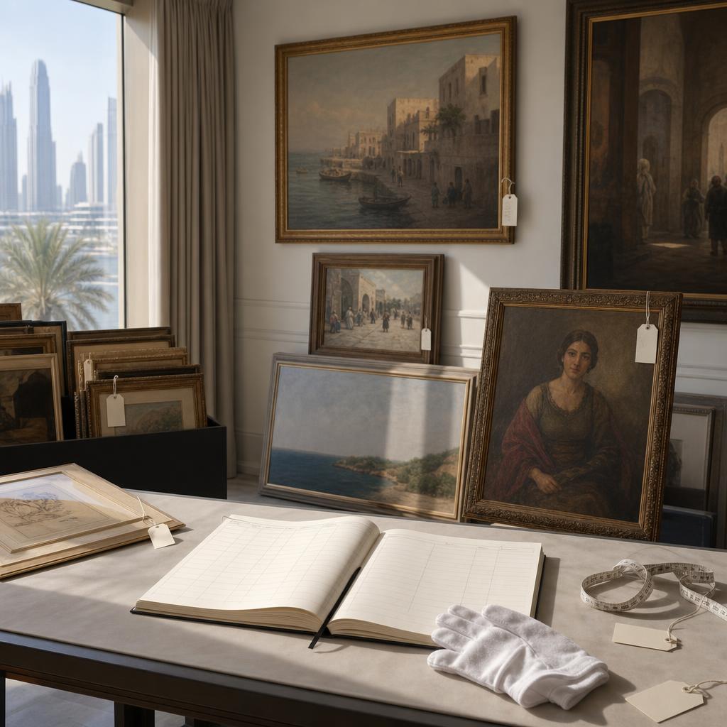 Paintings and works on paper being catalogued with archival tags, a ledger, gloves and a measuring tape in Dubai.
