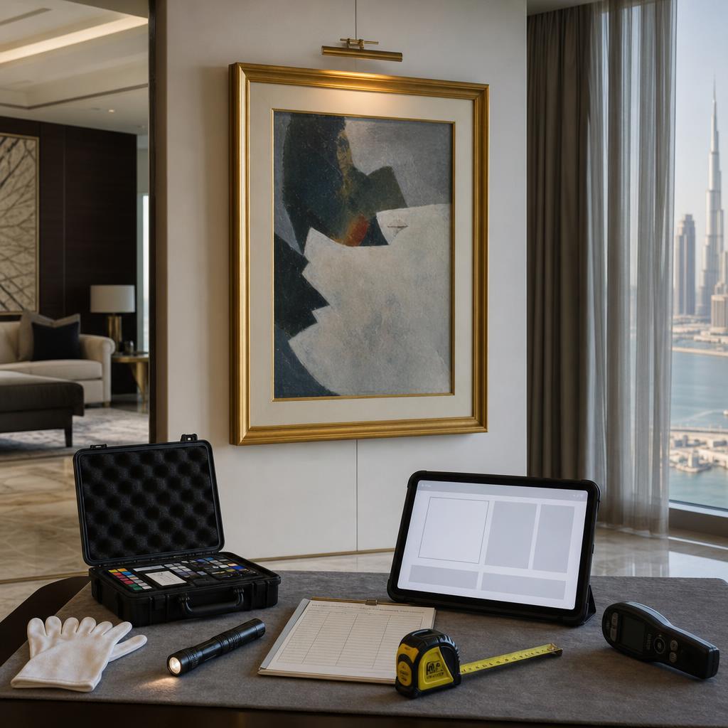 An appraisal toolkit on a grey surface featuring a tablet, a clipboard with a spreadsheet, a protective case with color swatches, a flashlight, measuring tape, white gloves, and an environmental meter, against a backdrop of a framed abstract painting and the Dubai skyline.